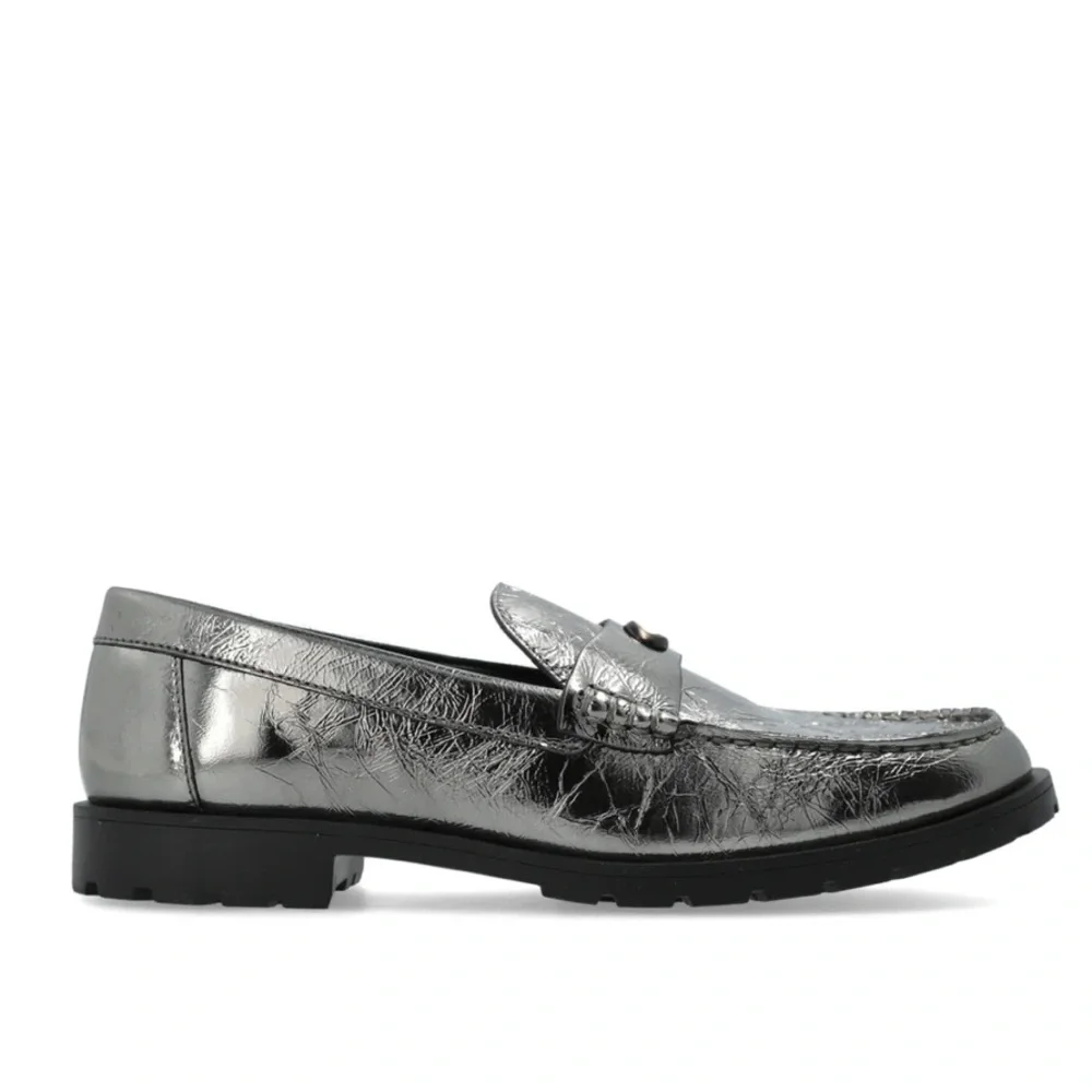 Coach‎ Jocelyn Crinkle Leather Logo Silver Loafers Size 6 NWT